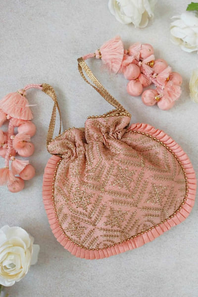 Peach embroidered potli bag