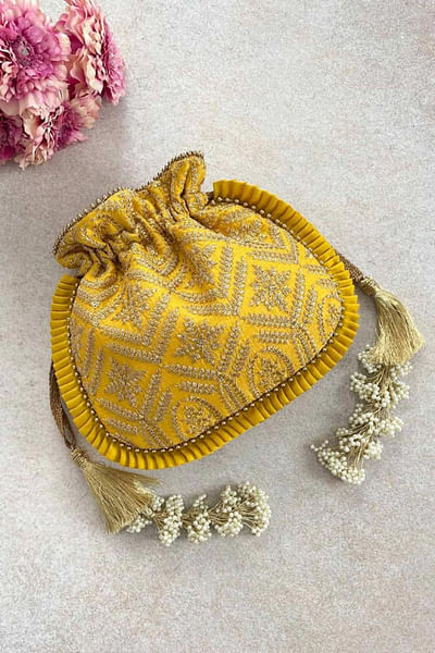 Yellow embroidered potli bag