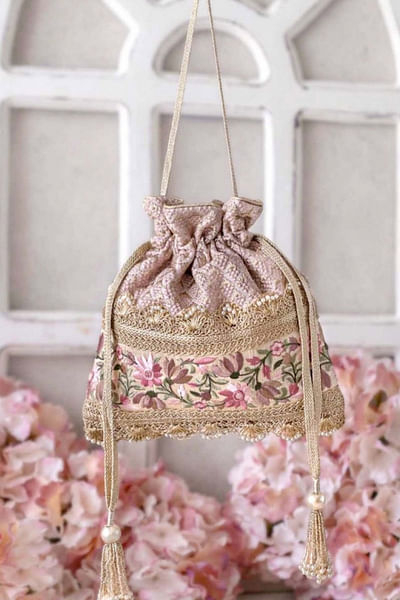 Baby pink floral potli bag