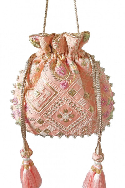 Peach embroidered potli bag