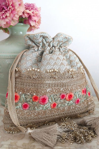 Green embroidered potli bag