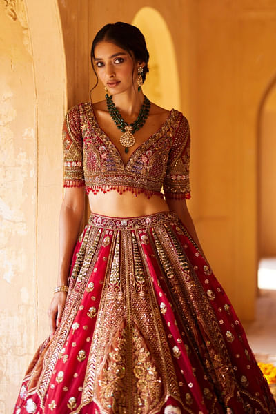 Red dabka embroidered lehenga set