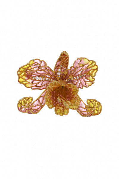 Pink and yellow orchid brooch