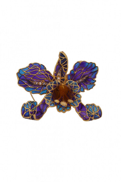 Blue and purple orchid brooch