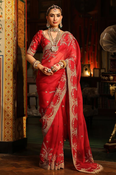 Red zardozi-dori embroidered sari set