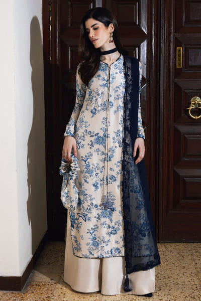 Beige and blue floral printed kurta set
