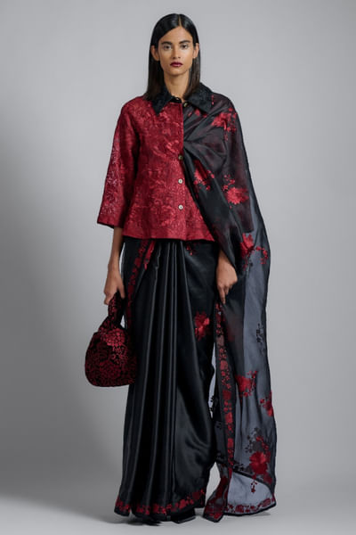 Black floral thread embroidery bag