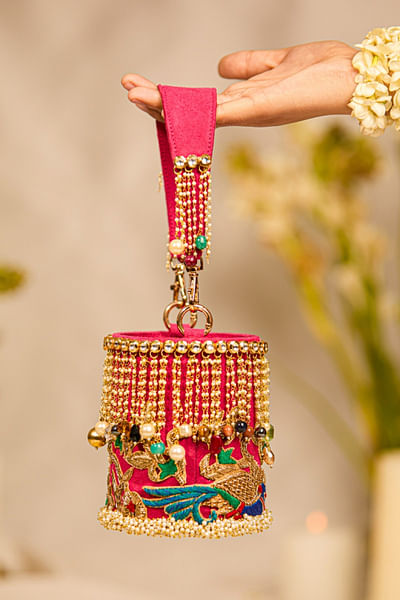 Red peacock zardozi and stone-pearl bucket bag