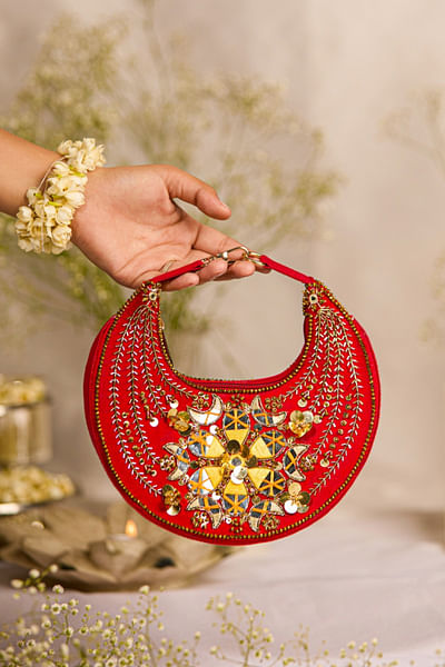 Red mirror-bead embroidered circular handbag