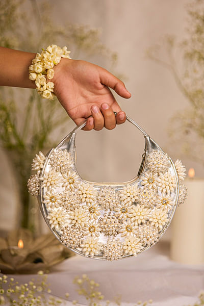 White floral beaded crescent handbag