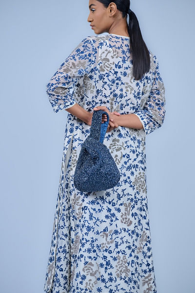 Space blue bead embellished handbag