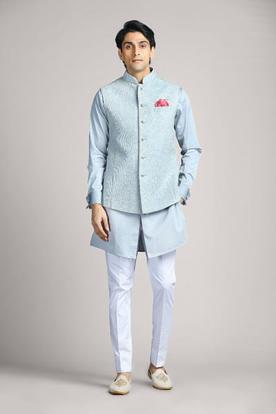 Light grey geometric textured bandi and kurta