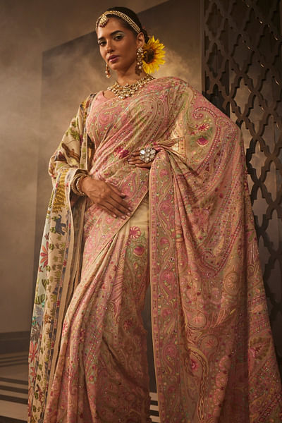 Baby pink resham embroidered sari