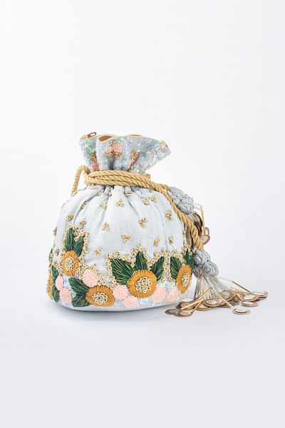 Blue floral embroidered potli bag