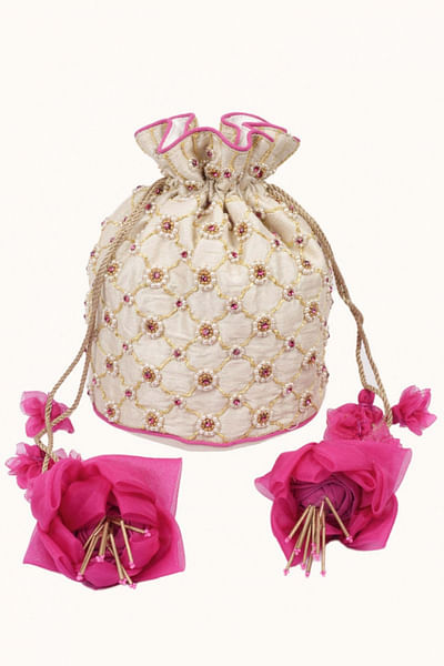 White embroidered potli