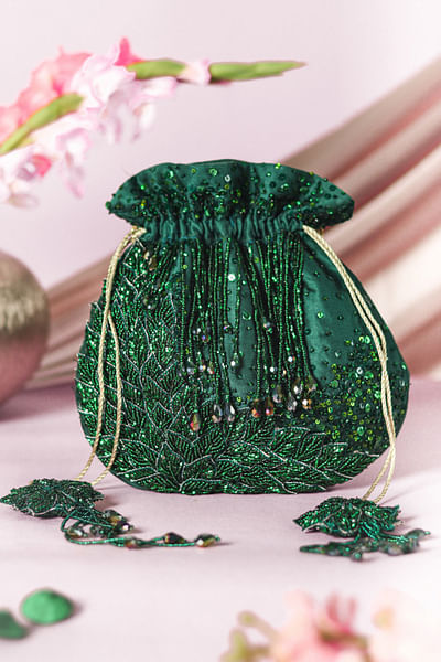 Green embroidered potli bag