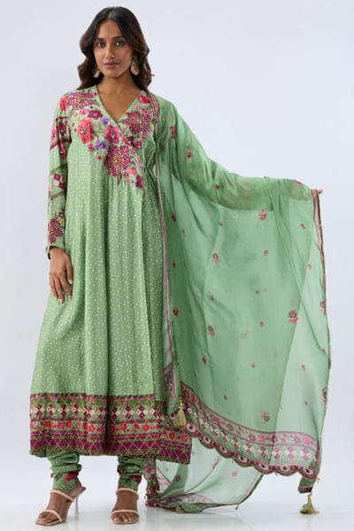 Green floral embroidered angrakha anarkali set