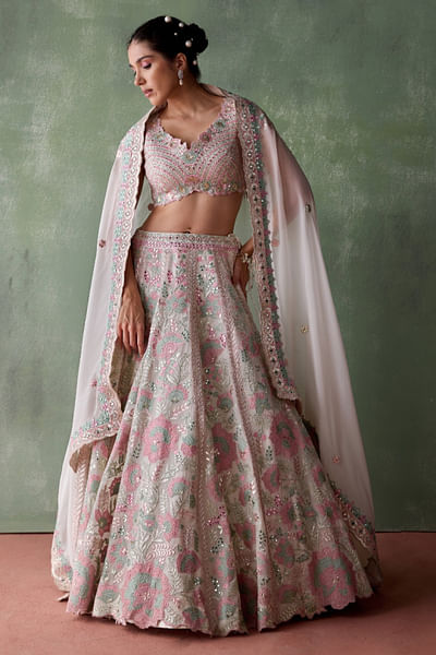 White floral patchwork-embroidery lehenga set