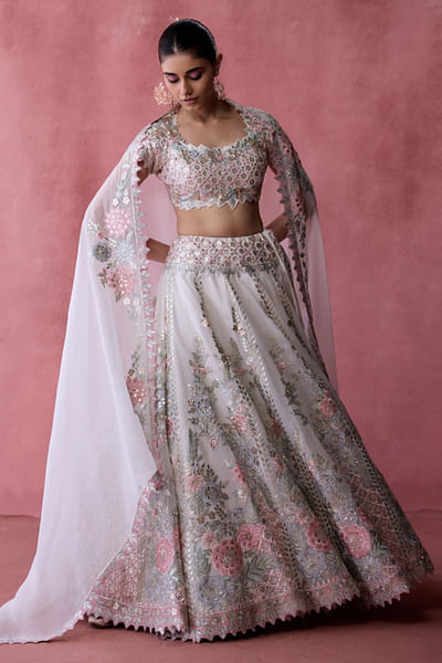 White floral embroidery-patchwork lehenga set