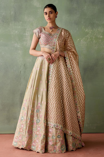 Green floral patchwork-embroidery lehenga set