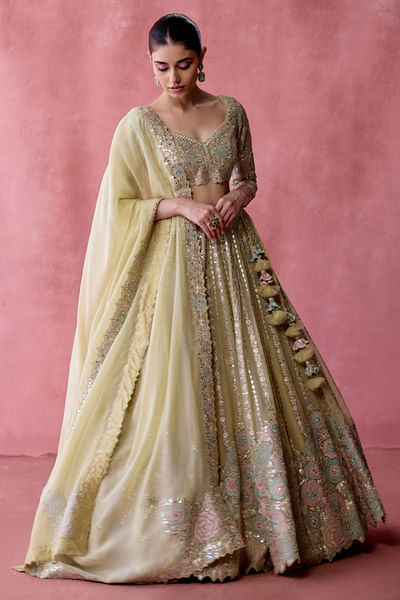 Green floral embroidery-patchwork lehenga set