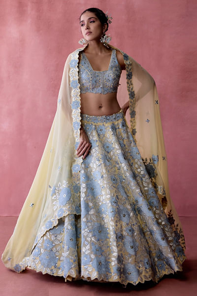 Blue and yellow floral patchwork lehenga set