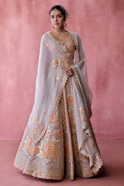 Grey floral patchwork-embroidery lehenga set