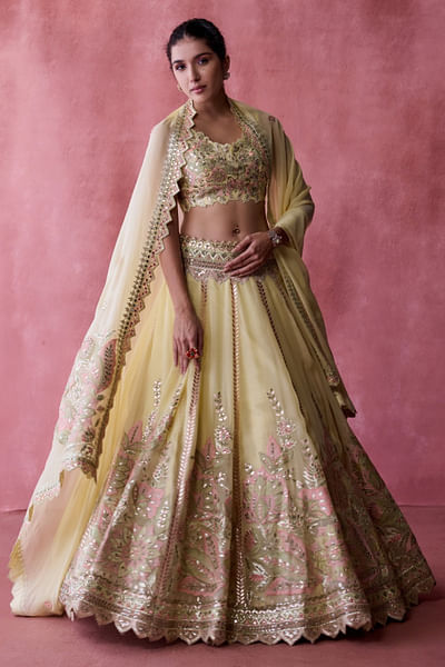 Yellow floral patchwork-embroidery lehenga set