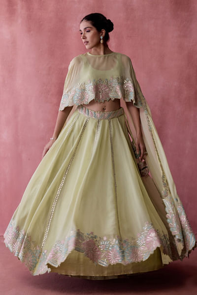 Green floral patchwork cape and lehenga set