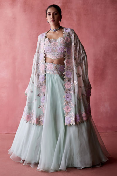 Aqua floral patchwork cape and lehenga set