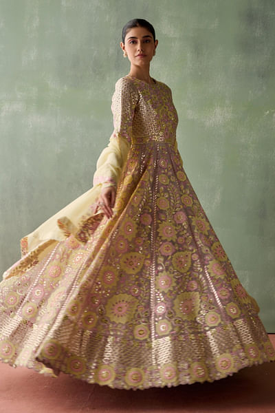Grey floral patchwork-embroidery anarkali set