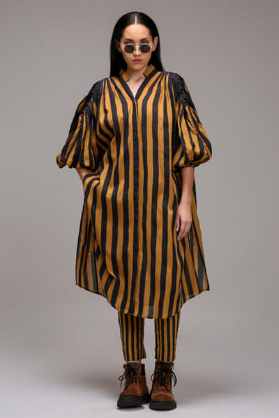 Brown and blue stripe printed tunic