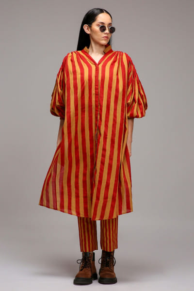 Brown and red stripe printed tunic