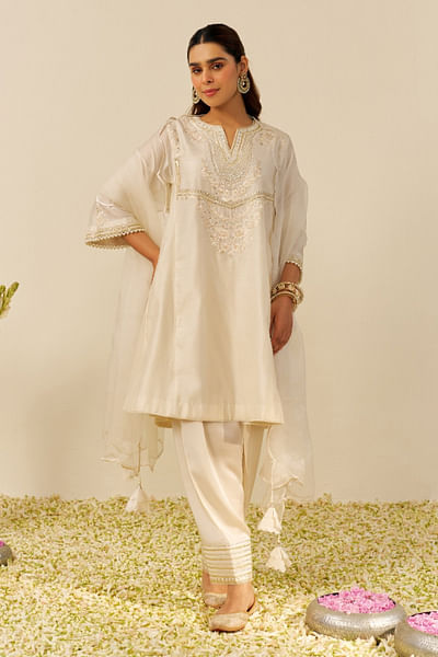 Ivory parsi gara embroidery choga kurta set
