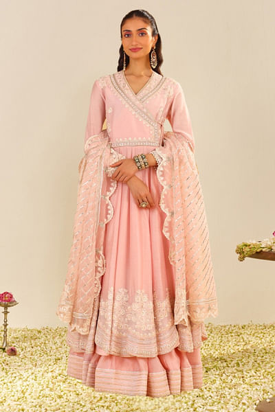 Pink embroidered angrakha anarkali skirt set