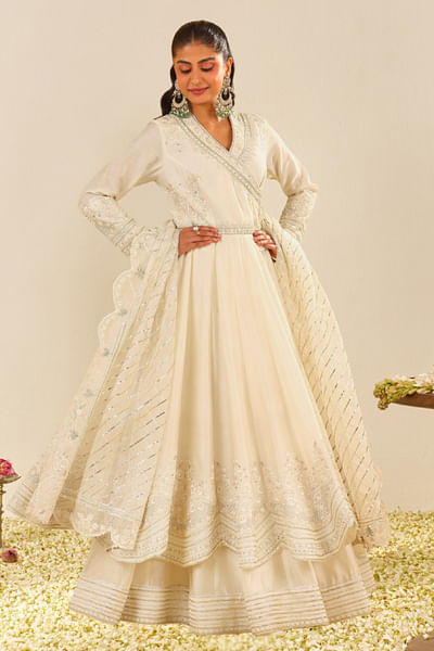 Ivory embroidered angrakha anarkali skirt set
