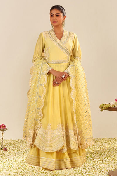 Yellow embroidered angrakha anarkali skirt set