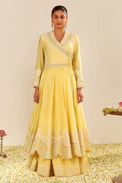 Yellow embroidered angrakha anarkali skirt