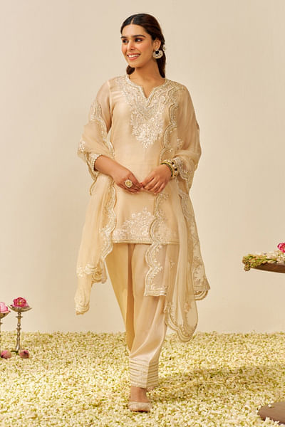 Beige parsi embroidery short kurta set