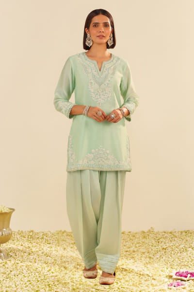 Mint green parsi embroidery short kurta set