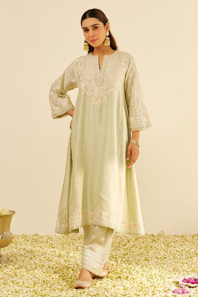 Mint parsi gara embroidered choga kurta set