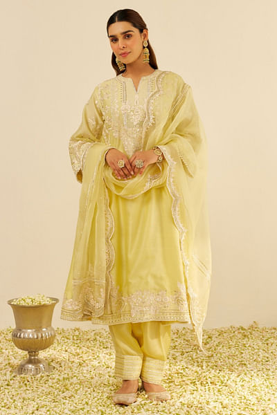 Lemon yellow parsi embroidery choga kurta set