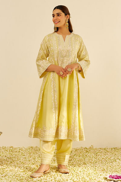 Lemon yellow parsi embroidered choga kurta set