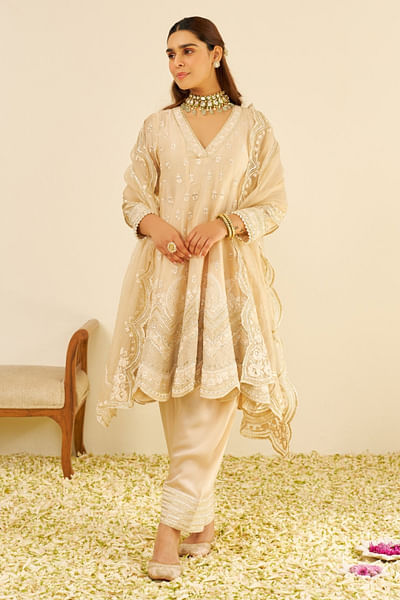 Beige parsi gara embroidery short anarkali set