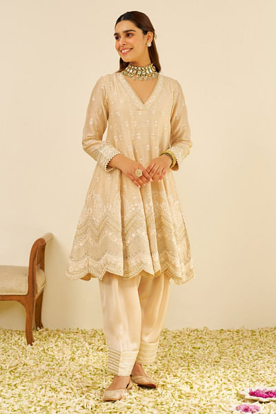 Beige parsi embroidered short anarkali set