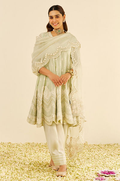 Mint parsi gara embroidery short anarkali set