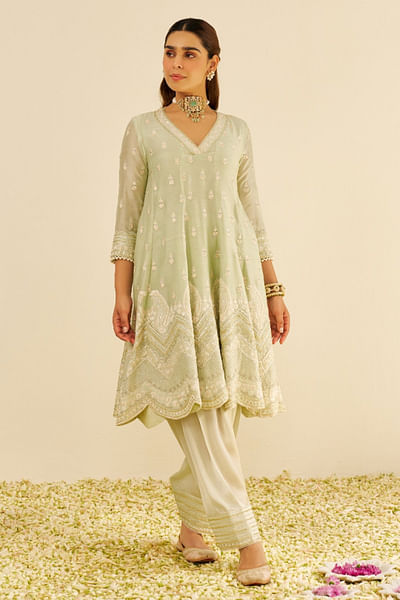 Mint parsi gara embroidered short anarkali set