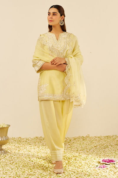 Lemon yellow parsi embroidery short kurta set