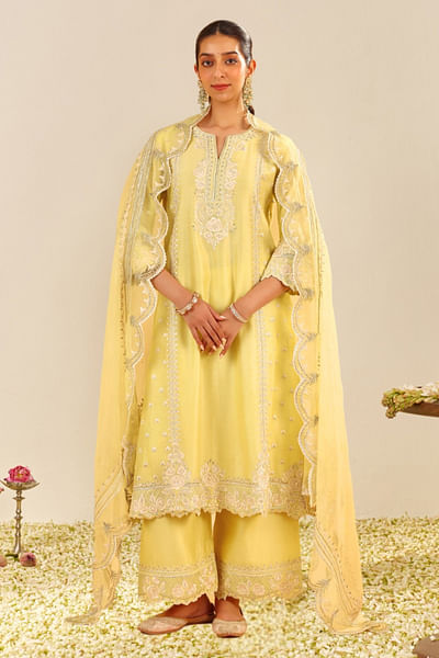 Lemon yellow parsi gara embroidery kurta set