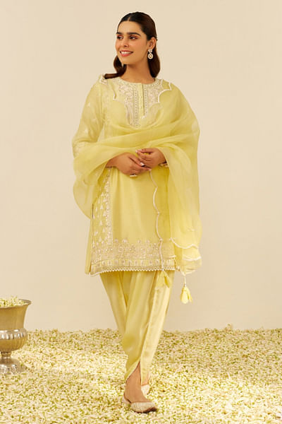 Yellow parsi gara embroidery short kurta set